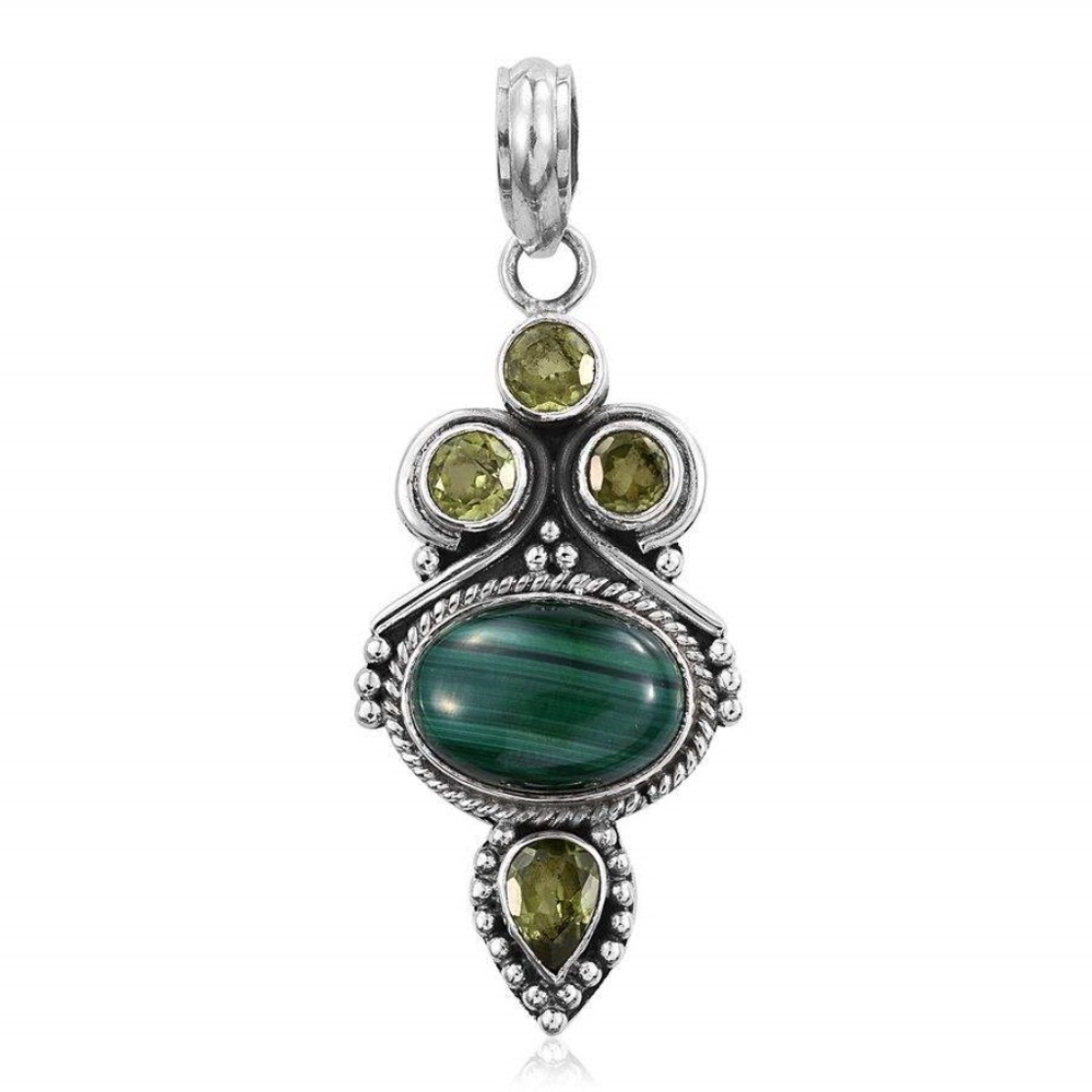African Malachite, Hebei Peridot Sterling Pendant - Picture 2 of 4